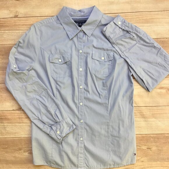 Tommy Hilfiger Button Down Shirt Womens Medium Light Blue Roll Tab Sleeve Cotton - Picture 2 of 8